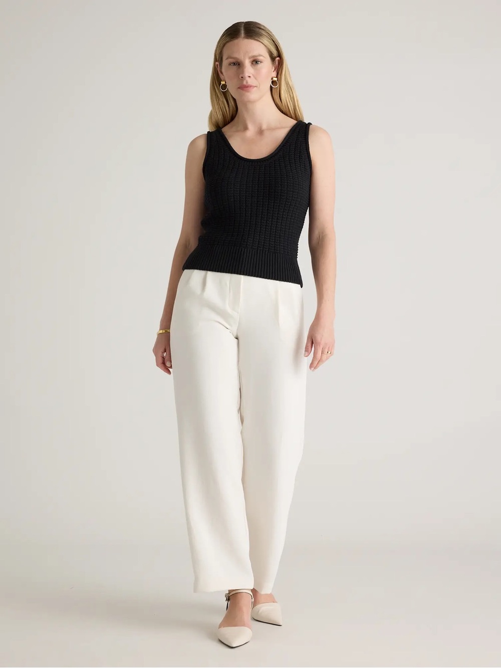 Quince 100% Organic Cotton Waffle Cropped Sweater Tank / Black / S - Picture 2 of 7